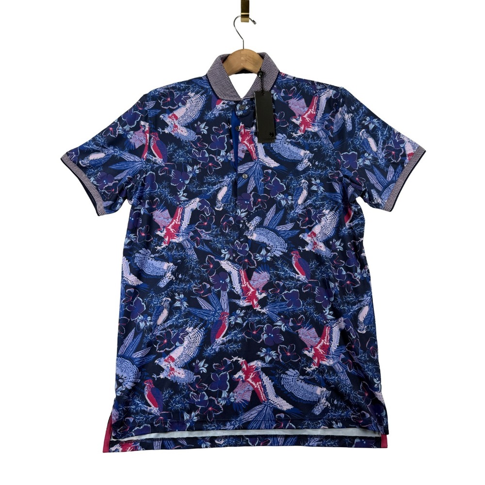 Greyson Polo Mens M Blue Bird Heron Print Performance Golf Shirt NWT